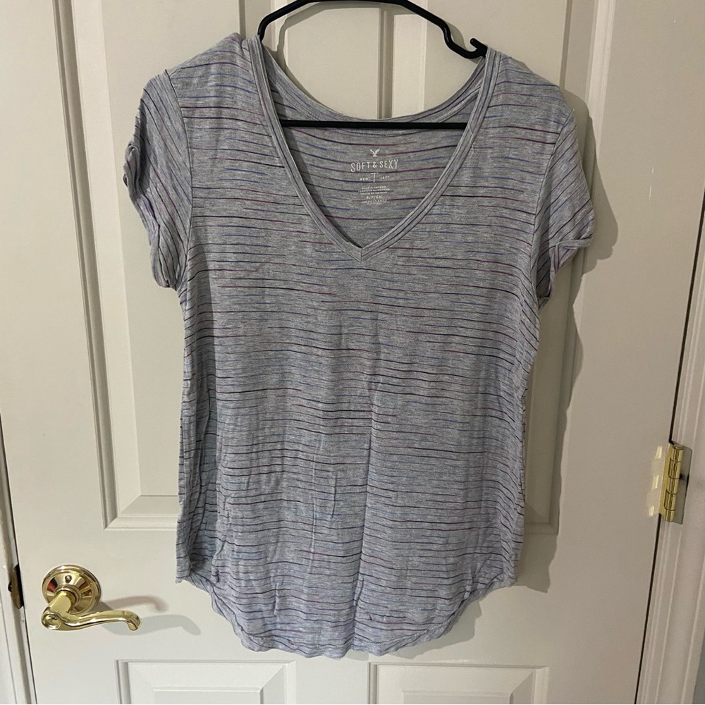 American Eagle Outfitters Light Gray Striped Tee